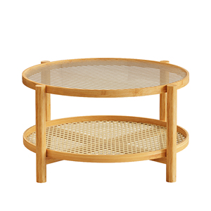 โต๊ะกาแฟหวาย 2 ชั้น ท็อปกระจกไม้ไผ่ โต๊ะกลมทันสมัยสำหรับห้องนั่งเล่น - Product Image 4