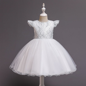 Vestido de Princesa para Niña, Azul, con Encaje y Tul, Cuello Redondo, Mangas con Volantes, Vestido de Dama de Honor - Product Image 3