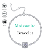Pulsera de Lujo con Cadena y Eslabones, Diseño de Halo Cuadrado y Engaste de Garras, con Moissanita Redonda de Corte Brillante VVS1 Certificada GRA, Plata S925