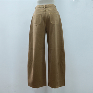 Jean décontracté pour <span class=keywords><strong>femme</strong></span>, coupe droite décontractée, <span class=keywords><strong>taille</strong></span> <span class=keywords><strong>haute</strong></span>, jambe large, en denim <span class=keywords><strong>kaki</strong></span> marron, avec ourlet à franges et poches frontales obliques - Product Image 4