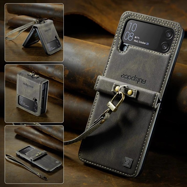 Vintage Flip8 PU Leather Phone Case Detachable Wrist Strap Kickstand Shockproof Cover for Samsung Z Flip6 Z Flip7 Z Flip8