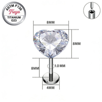 G23 Freya Body ASTM-F136 Titane Zircon en forme de cœur Anneau de piercing pour lèvre, Labret à dos plat sans filetage à enfiler, Bijou pour cartilage d'oreille