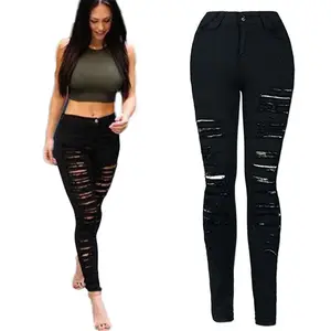 Hot Koop Skinny Hoge Taille Black Ripped Jeans Dames Strakke Jeggings Vrouwen Slanke Denim Broek