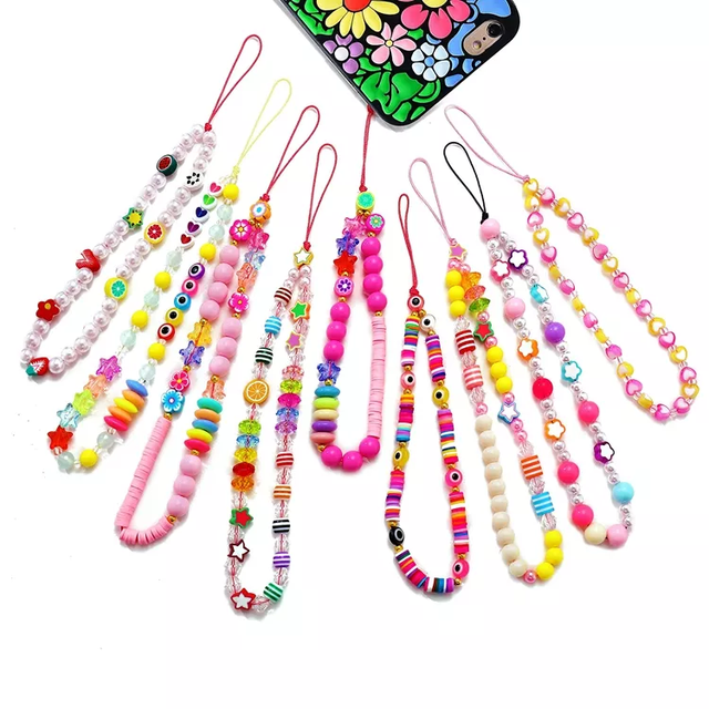 2026 Phone Charms Strap Colorful Cute Smiley Face Fruit Pearl Clay Beads Wrist Phone Charms Straps Lanyard Chain for Women Girls