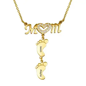 Personalized MoM Heart Diamond Engraved Name Necklaces Letter Stainless Steel Fashion Necklace With 1-10 Baby Feet Charms