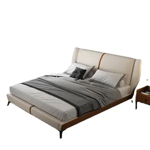 Nordic top layer leather luxury family double bed Italian style minimalist Italian bed wedding king size bed frame