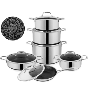High Quality Modern Non-stick Cooking <b>Pots</b> <b>Set</b> Glass Cover Honeycomb Design 3 Layers Triply Stainless Steel Cookware <b>Set</b> - Product Image 1