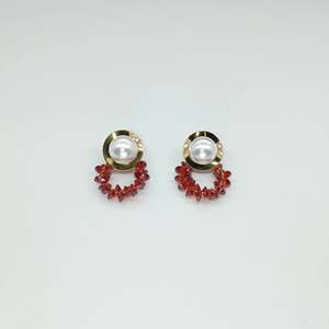 <b>Crystal</b> <b>Earrings</b> 316L Stainless Steel PVD Gold Plating Pearl And Red Gemstone <b>Studs</b> Fashion Jewelry - Product Image 1
