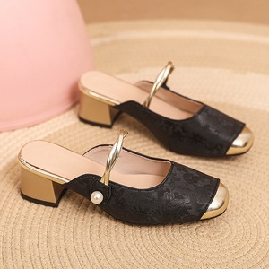 Elegantes Sandalias Negras de Tacón Cuadrado con Decoración de Perlas, Tacón de Bloque, Sin Cordones, Zapatos de Mujer - Product Image 5