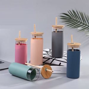 Gobelet en verre borosilicate réutilisable de 500 ml, 600 ml, 750 ml avec couvercle en bambou, bouteille pour lait, café, jus, avec paille - Product Image 3