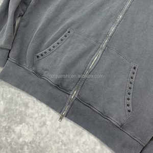 Custom Winter Vintage Double Zip Hoodies Cotton Heavy Weight Faux <b>Fur</b> Hat Hoodie Manufacturers Oversized Acid Wash Zip up Hoodie - Product Image 4