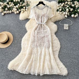 Verano romano cuello redondo túnica sirena Maxi vestido para mujer imperio con cuentas vestido de encaje - Product Image 1