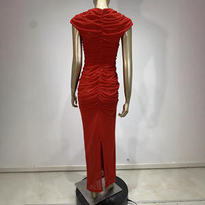 유럽 미국 여자의 <span class=keywords><strong>2025</strong></span> 가을 섹시 중공 허리 주름 단색 바닥 길이 Bodycon 짠 빨 파티 원피스 100% - Product Image 4