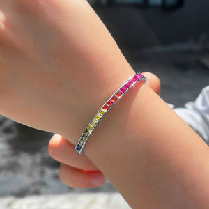 Pulsera de tenis cuadrada de colores arcoíris, chapada en rodio, estilo vintage, de latón, joyería para fiesta con diseño de piedras brillantes - Product Image 5