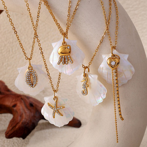 Colliers pendentifs en forme de coquille plaquée or avec breloques en strass pour femmes, bijoux romantiques pour fête, design de chaîne serpent - Product Image 4