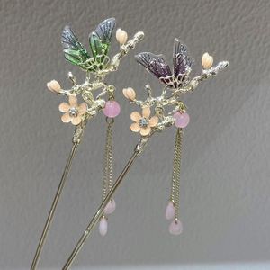 Horquilla de metal estilo chino con flor, libélula y diamantes de imitación, pasador de pelo con borla, accesorios para el cabello, tocado - Product Image 1