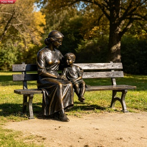 YOUFINE Statue en bronze grandeur nature Mère et enfants sur un banc Sculpture familiale pour la décoration de parcs et de jardins - Product Image 1