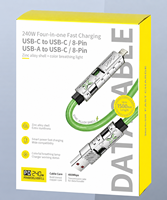 Kabel Pengisian Daya USB C 240W 4 in 1, USB A ke USB C 8 Pin, Nylon Braided, Zinc Alloy, Lampu RGB, Grosir OEM