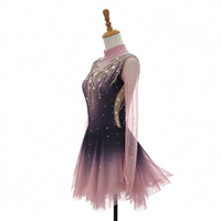 Robe de patinage et de danse pour enfants et adultes, dégradé noir et rose, col montant, manches longues en maille, dos orné de feuilles en strass, pour compétition et spectacle de patinage artistique