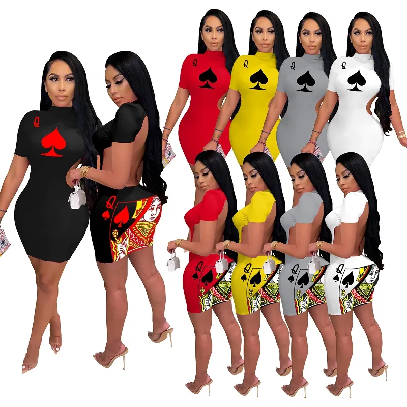 Yeni EB-20030801 son 2021 yaz şık out kadınlar kısa kollu hollow karikatür poker baskı bodycon elbiseler