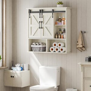 Armoire murale <span class=keywords><strong>de</strong></span> <span class=keywords><strong>salle</strong></span> <span class=keywords><strong>de</strong></span> <span class=keywords><strong>bain</strong></span> style ferme, armoire à pharmacie avec double porte coulissante, étagères réglables, en MDF, <span class=keywords><strong>rangement</strong></span> mural vintage - Product Image 3