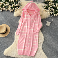 Robe longue décontractée pour femmes, rose et blanche à rayures, à capuche, à manches longues, en tricot, boutonnée, coupe ample, style A-line, pour un usage quotidien, robes décontractées