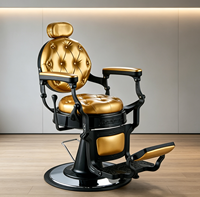 Fauteuil de barbier élégant au design capitonné vintage en cuir doré, réglable en hauteur, pour salon de coiffure commercial pour hommes