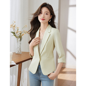 Women's Light Green Blazer Slim Fit Three Quarter Sleeve Anti Wrinkle Solid Color Polyester Spring Casual Suit Jacket - Product Image 2