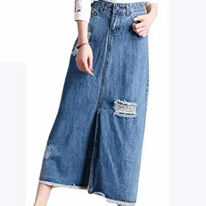 Длинные юбки с высокой талией, модная сексуальная джинсовая юбка, повседневные рваные женские джинсы с бахромой, трикотажные юбки