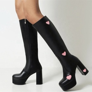 Bottes fantaisie pour filles, forme cœur, bottes d'hiver hautes jusqu'au genou, plateforme, bout carré, talon épais, fermeture éclair latérale, grande taille 43 - Product Image 5