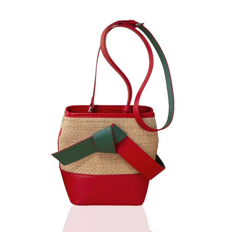 2023 designer woven portable straw bag practical commuter one-shoulder bucket bag luxury handmade straw leather color matching s