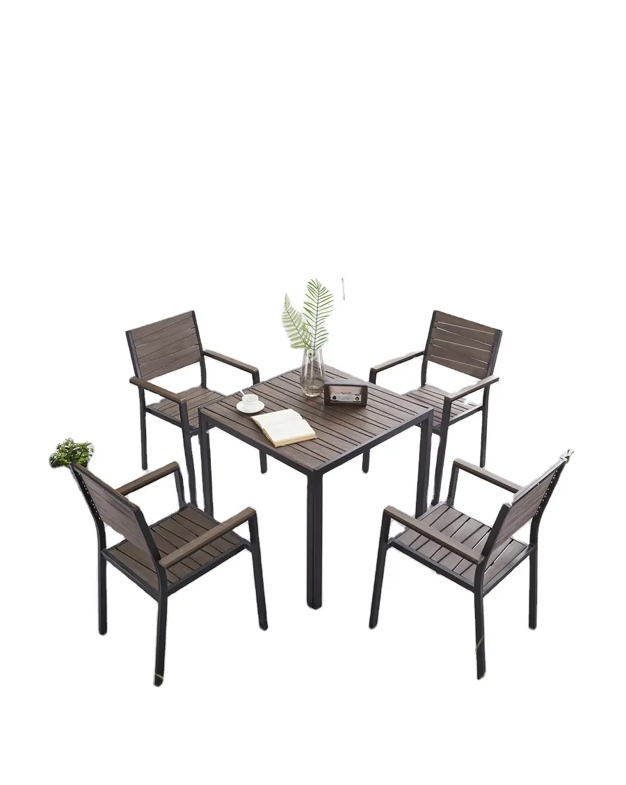 Кофейная современная уличная мебель, черный алюминиевый стол и стулья с пластиковым деревянным патио, садовые наборы