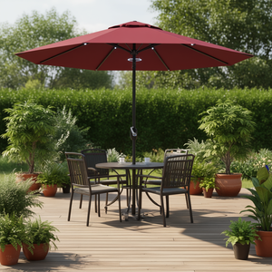 ร่มสนามกลางแจ้งสีแดงไวน์ขนาด 9.7 ฟุต พร้อมมือหมุนปรับเอียง 12 ซี่โครง ไฟ LED พลังงานแสงอาทิตย์ เสาเหล็กกล้าไร้สนิมสองด้าน ผ้าโพลีเอสเตอร์ - Product Image 2