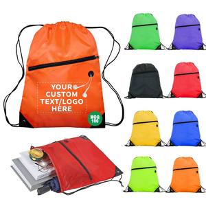 Promotional Waterproof Polyester Nylon Sport Gym String Bag Custom Logo Drawstring Backpack Bag with Zipper Pocket Earphone Hole