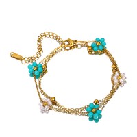 Pulseras de Cadena y Eslabones de Acero Inoxidable con Perlas Florales y Piedras Preciosas Naturales para Uso Diario Informal Estilo Boho