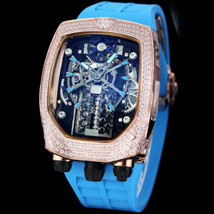 Reloj Deportivo con Correa Amarilla, Caja de Acero Chapada en Oro Rosa, Bisel con Diamantes, Mecanismo Esqueleto, de Alta Calidad y Lujo - Product Image 2