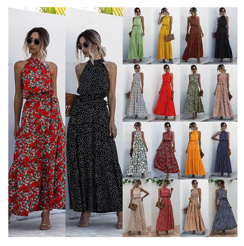 16 रंग पोल्का डॉट प्रिंट बिना आस्तीन महिलाओं मैक्सी पोशाक पार्टी समुद्र तट लंबी आकस्मिक लगाम पोशाक गर्मियों के लिए