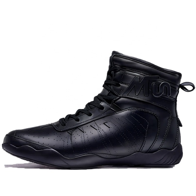 Men's High Quality Leather Sneakers for Wrestling Boxing Customizable Logo High Top Professional Training Shoes with Mesh Lining