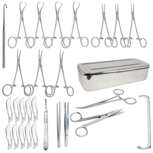 Ensemble de 28 instruments chirurgicaux vétérinaires pour la castration et la stérilisation, en acier inoxydable allemand, chirurgie générale, réutilisable, autoclavable, CE - Product Image 1
