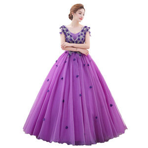 Purple Tulle Performance Dress Women Long Skirt Deep V Neck Stage Wear For Vocal Music Exam Host Piano Show - Product Image 5