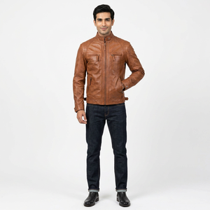 <b>Men's</b> Genuine Cowhide <b>Leather</b> Hooded <b>Jacket</b> Vintage Style Solid Pattern Coated Woven Fabric Customizable Logo Positions - Product Image 1
