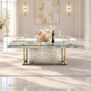 Mesa de Banquete de Acero Inoxidable de Lujo con Cubierta de Vidrio Espejo, Panel Texturizado y Pedestal, Proveedor Mayorista para Bodas y Eventos - Product Image 4