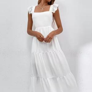 Vestido Elegante de Lino Blanco para Mujer, Estilo Veraniego, Cuello Cuadrado, con Volantes, Midi Holgado, Cintura Alta, Casual, para Damas - Product Image 4