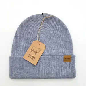 High Quality Warm Winter Hats Soft Custom Leather Patch Knitted Hat Ski Cap 50% Merino Wool Beanie