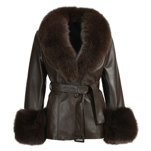 Nouvelle arrivée automne/hiver, veste de moto en cuir d'agneau imperméable avec col en fourrure de renard courte, <span class=keywords><strong>ceinture</strong></span>, poignets en fourrure <span class=keywords><strong>noire</strong></span> pour femmes - Product Image 2