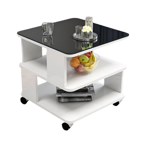 Table basse carrée moderne avec roulettes, étagère de rangement à 3 niveaux, table d'appoint roulante, meubles de salon noir et blanc - Product Image 1
