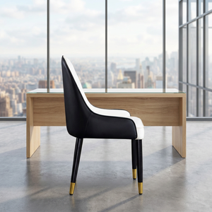 Silla de oficina de cuero con patas de metal negro delgadas y puntas doradas, silla comercial para conferencias - Product Image 1