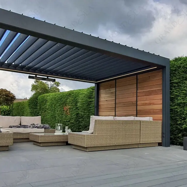 Pérgola con persiana motorizada de aluminio para exteriores, toldo retráctil de diseño moderno, pérgolas bioclimáticas para techo
