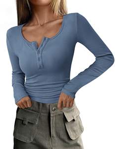 Tops de ropa de mujer, camisas de manga larga de punto, camisetas de manga larga de otoño 2025 para mujer, camisetas informales ajustadas de punto acanalado con botones - Product Image 5