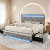 Cadre de lit multifonctionnel à LED réglable avec tiroirs de rangement sous le lit, lit plateforme rembourré en velours doux, design européen pour chambre à coucher